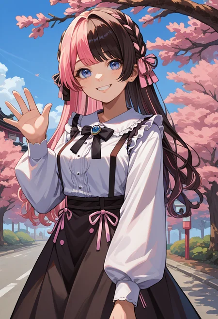 score_9, score_8_up, source_anime, 1girl, solo, HinanoBase, two-tone hair, long hair, french braid, hair bow, black bowtie, brooch, frilled shirt, white shirt, long sleeves, black skirt, suspender skirt, waving at viewer, outdoors, sakura blossom tree, smile, <lora:ChamTachibanaHinanoPonyXL:1>