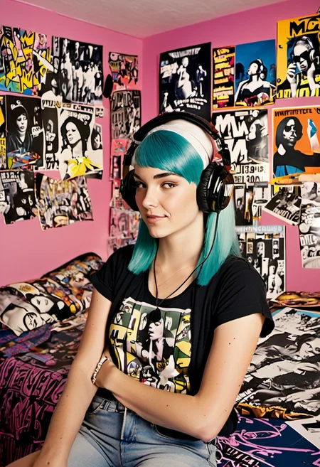 <lora:InfiniteTina:.5>A 25-year-old InfiniteTina lounging in her room plastered with MTV band posters wearing oversized headphones.