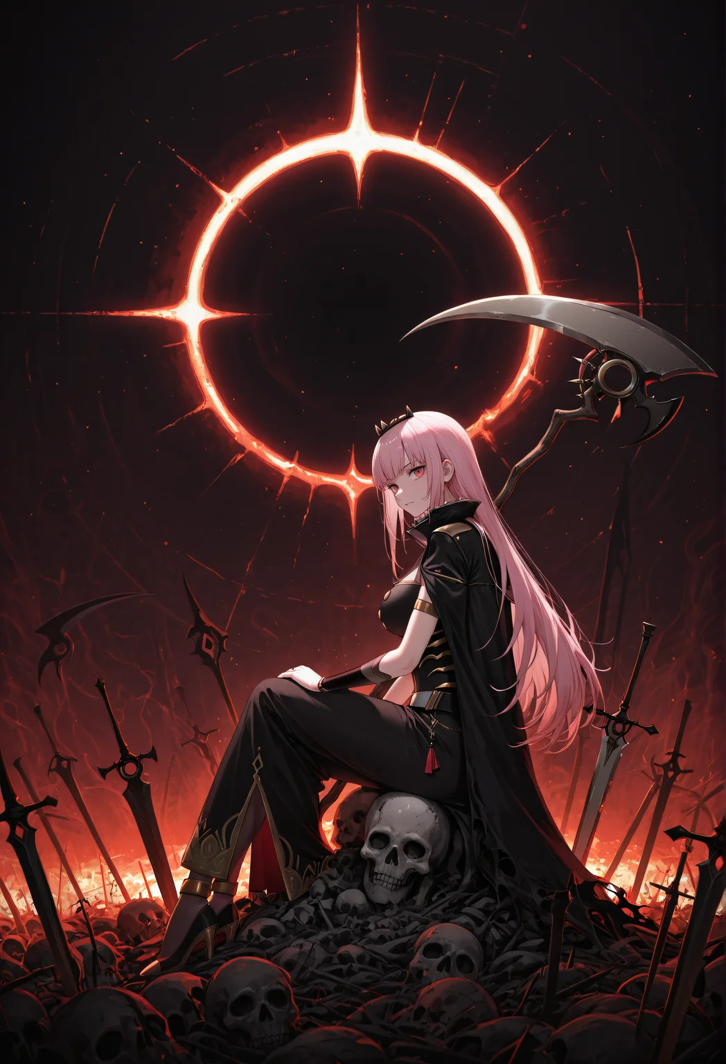 mori_calliope, abstract background, hell, death, solar eclipsed, solar prominence, looking at viewer, sitting, from side, scythe, planted_sword, masterpiece, absurdres
