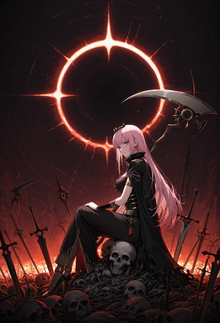 mori_calliope, abstract background, hell, death, solar eclipsed, solar prominence, looking at viewer, sitting, from side, scythe, planted_sword, masterpiece, absurdres