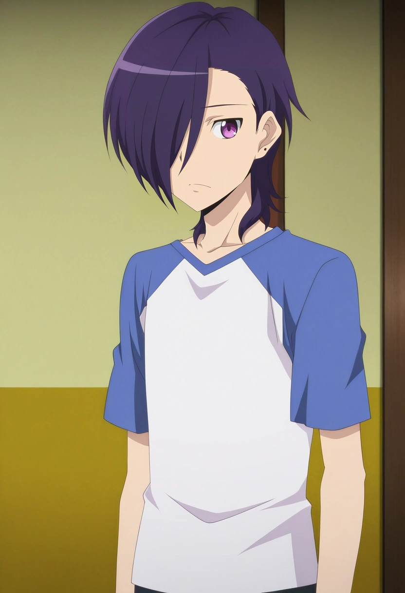 masterpiece, best quality, , anime screencap, anime coloring, , looking at viewer, 1boy, solo, male focus, <lora:hanzou_urushihara_ilxl:0.98>, hanzou_urushihara, purple hair, purple eyes, hair over one eye, short hair, , white shirt, raglan sleeves, , chinos,