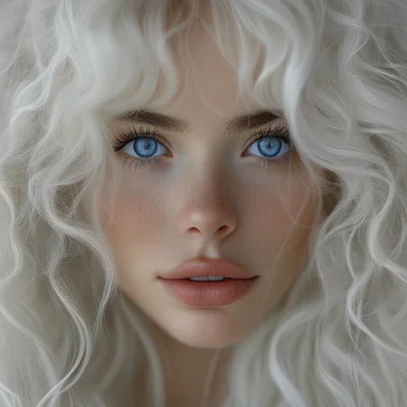 bellissima, 1girl, solo, long hair, looking at viewer, blue eyes, white hair, blurry, lips, eyelashes, wavy hair, portrait, close-up, freckles, realistic, nose