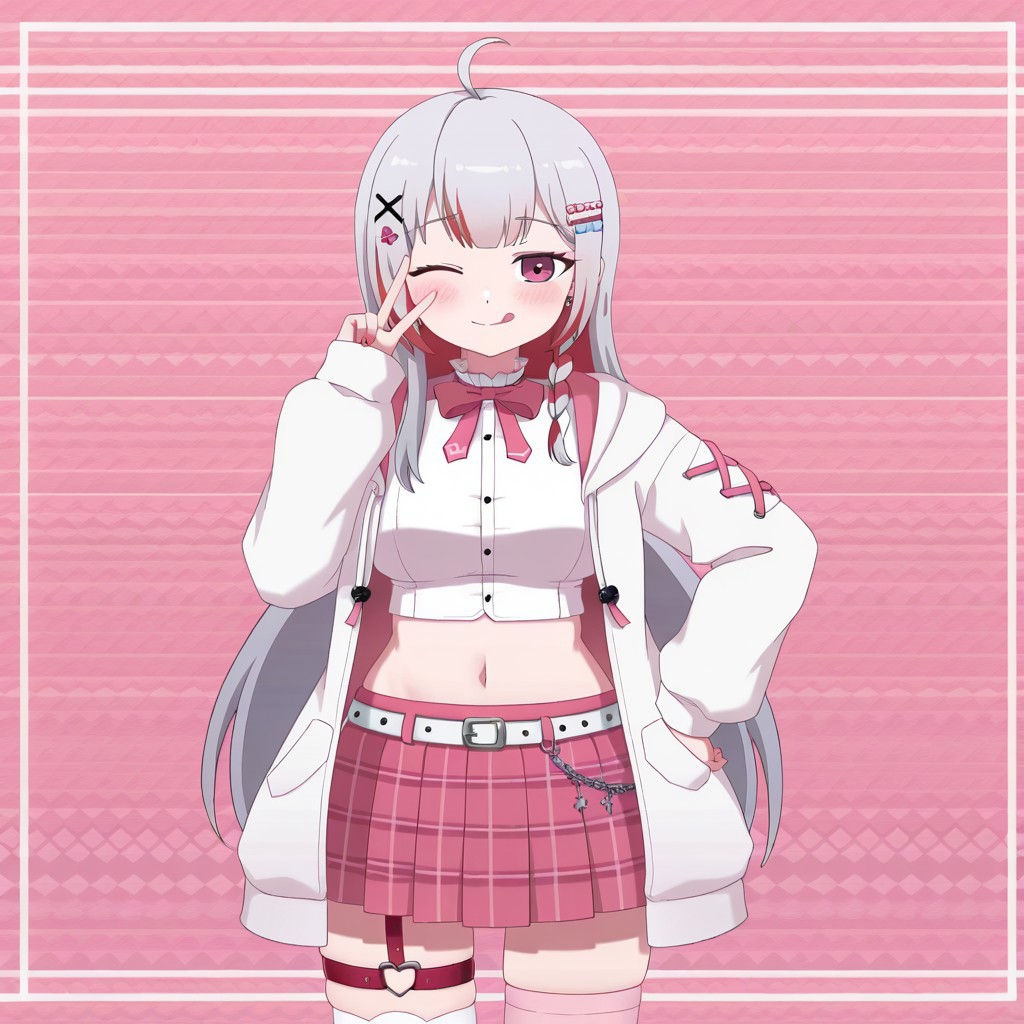 lazypos, girl focus, 1girl, virtual youtuber, skirt, streaked hair, tongue, multicolored hair, white jacket, one eye closed, solo, tongue out, long hair, jacket, shirt, navel, hood, white shirt, red hair, earrings, plaid, hair ornament, thighhighs, midriff, plaid skirt, bow, ahoge, hooded jacket, braid, thigh strap, jewelry, grey hair, looking at viewer, open jacket, white hair, x hair ornament, open clothes, pink eyes, bowtie, v, crop top, belt, red eyes, long sleeves, pink skirt, breasts, pleated skirt, blush, ;q, pink bowtie, Kamuoo, BartoStyle