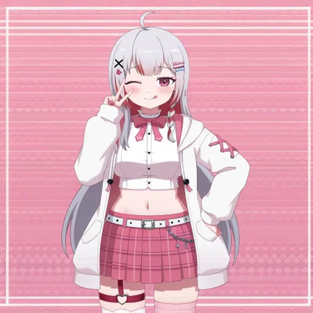 lazypos, girl focus, 1girl, virtual youtuber, skirt, streaked hair, tongue, multicolored hair, white jacket, one eye closed, solo, tongue out, long hair, jacket, shirt, navel, hood, white shirt, red hair, earrings, plaid, hair ornament, thighhighs, midriff, plaid skirt, bow, ahoge, hooded jacket, braid, thigh strap, jewelry, grey hair, looking at viewer, open jacket, white hair, x hair ornament, open clothes, pink eyes, bowtie, v, crop top, belt, red eyes, long sleeves, pink skirt, breasts, pleated skirt, blush, ;q, pink bowtie, Kamuoo, BartoStyle