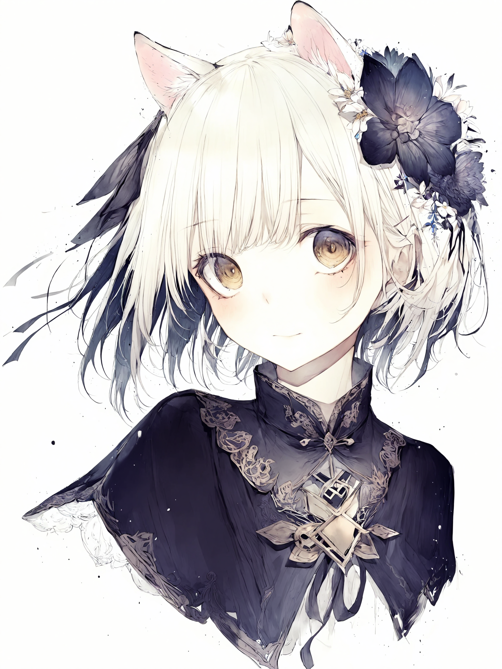 1girl, hito komoru,
animal ears, blush, hair ornament, short hair, white background, flower,hair flower,yellow eyes, white hair, portrait, nebulae,milky way,
<lora:kohaku_delta_style_hito_komoru_f8-000048:1> ,