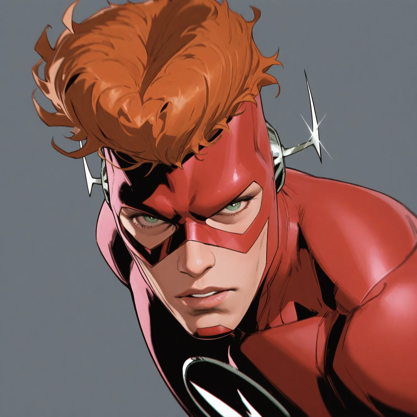 <lora:WALLY_WEST:1>wally_west, solo, looking at viewer, simple background, 1boy, green eyes, upper body, male focus, parted lips, grey background, orange hair, mask, bodysuit, portrait, glint, android, animification, cyborg, superhero, red bodysuit, pompadour, araki hirohiko (style), western comics (style), brown hair, detailed background, motion blur, film grain, abstract, natural lighting, fantasy, cinematic, dynamic view, very awa, masterpiece, best quality, absurdres, newest, perfect quality, detailed background, intricate details, (artist:fl \(l-fl\):0.7), (artist:tooboshoo:0.7), (artist:dizdoodz:0.8)