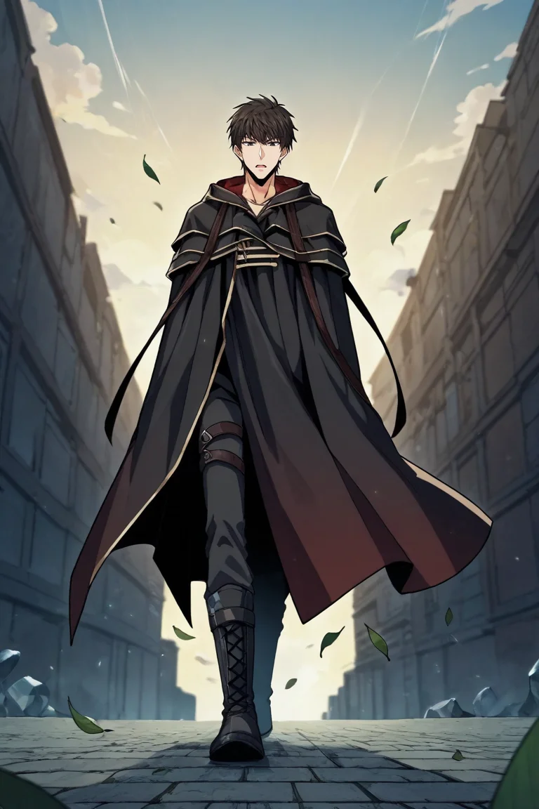 score_9, score_8_up, score_7_up,score_6_up,score_5_up,score_4_up,source_anime,BREAK, rating_safe, intricate details, , anime screencap, anime coloring, official style, depth of field,1boy, solo, male focus,<lora:nie_ting:0.97>,nie ting,dark brown hair,messy black hair,black eyes,short hair, open mouth,gloves,full body,black gloves, hood,cloak, crystal, black cloak, boots, sky, pants, cloud, cape, leaf, wind,walking, falling leaves,from below , , , <lora:sdxl_lightning_8step_lora_315544:1>