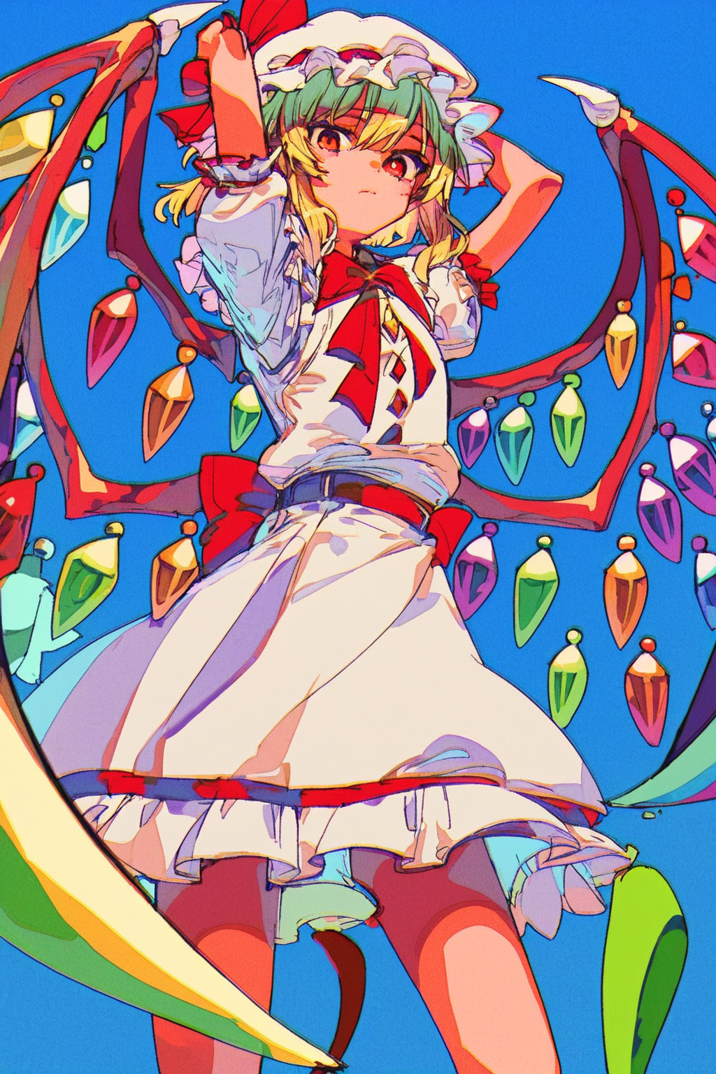 score_9, score_8_up, score_7_up, flandre_scarlet , blonde hair ,  mob cap, bow, petite,, solo, solo focus, cowboy shot, blue background, Standing on a rooftop, arms raised, celebrating a moment of triumph., <lora:mizucx2:1.3>