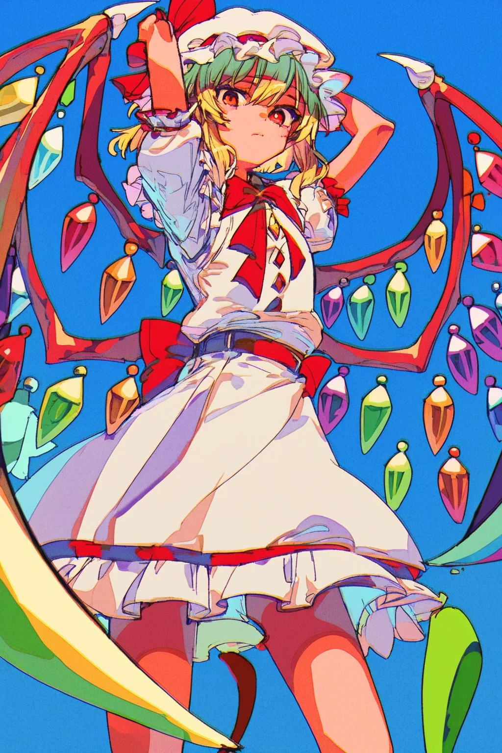score_9, score_8_up, score_7_up, flandre_scarlet , blonde hair , mob cap, bow, petite,, solo, solo focus, cowboy shot, blue background, Standing on a rooftop, arms raised, celebrating a moment of triumph., <lora:mizucx2:1.3>