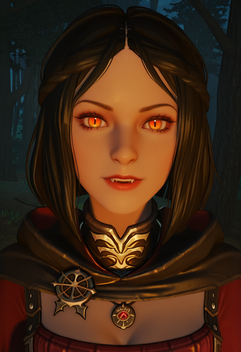 <lora:Serana_Volkihar:1> Serana_Volkihar, 1girl, female focus, vampire, yellow_orange_eyes, medium_hair, black_hair,  cloak, vampire_royal_armor, necklace_with_amulet, close_up, in a forest, under a moonlit night, looking at viewer, 3d