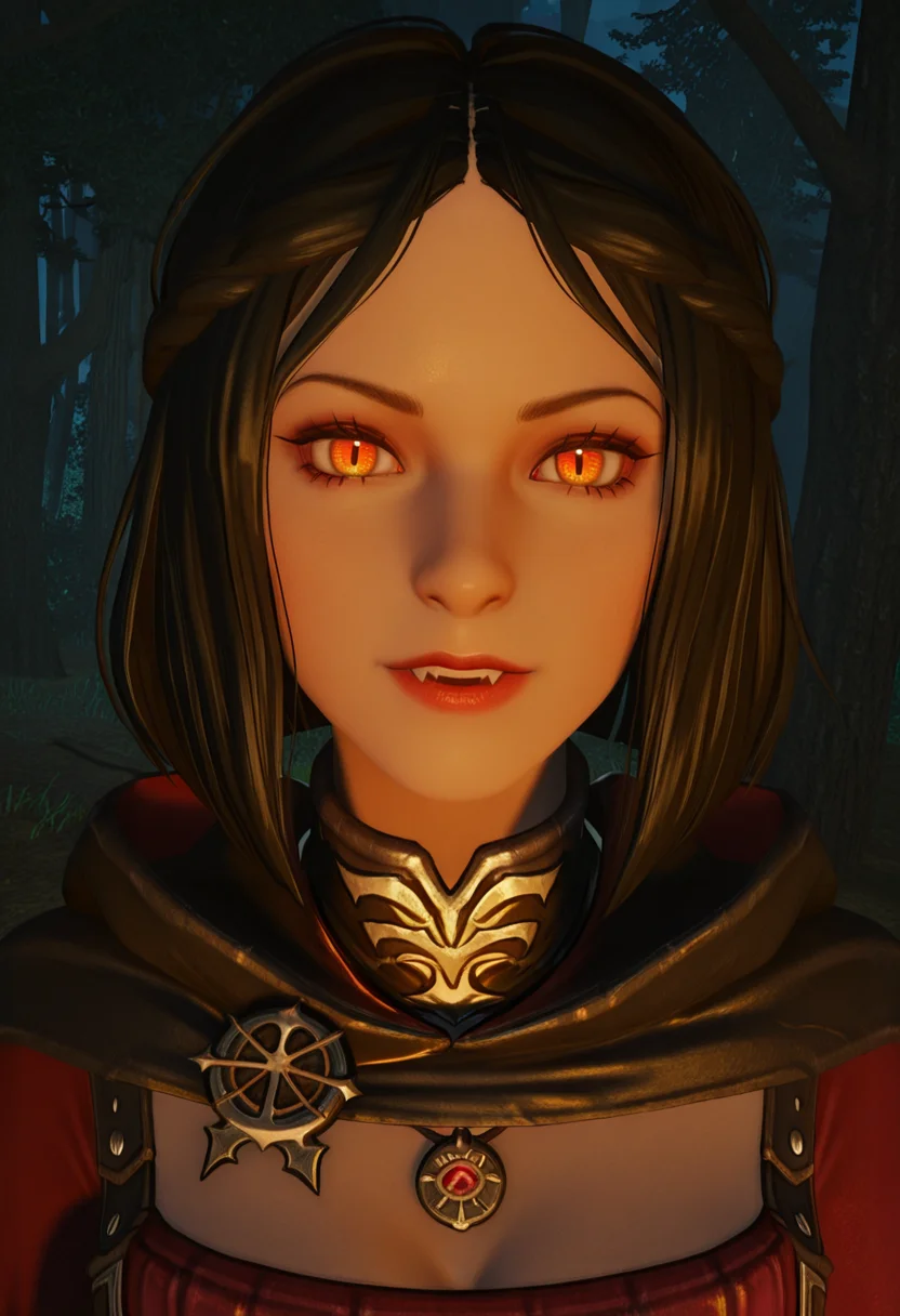 <lora:Serana_Volkihar:1> Serana_Volkihar, 1girl, female focus, vampire, yellow_orange_eyes, medium_hair, black_hair, cloak, vampire_royal_armor, necklace_with_amulet, close_up, in a forest, under a moonlit night, looking at viewer, 3d