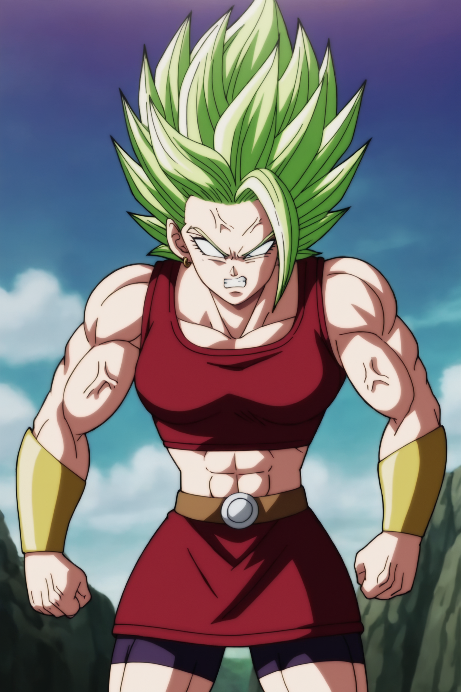 source_anime, score_9, score_8_up, score_7_up, anime screencap, absurdres, high quality,
kale, super saiyan, beserk form, official style, 1girl, solo, breasts, bare shoulders, hoop earrings, green hair, teeth, midriff, red crop top, muscular, abs, spiked hair, clenched teeth, anger vein, angry, veins, muscular female, gold bracers, aura, biceps, clenched hands, bike shorts, bike shorts under skirt, green sky, skinny, outdoors
 <lora:Kale_v1:0.8>