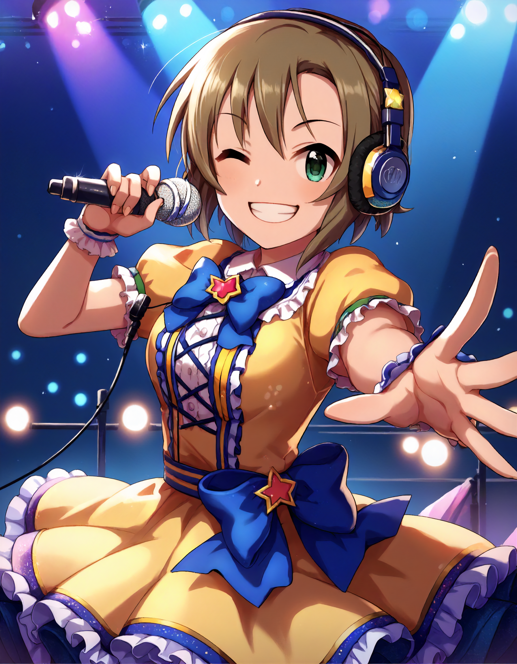 score_9,score_8_up,score_7_up,1girl,solo,cowboy shot,looking at viewer,smile,grin,wink,holding microphone,stage lights,
<lora:tadariina_ponyXLV6:0.8>,cgtdr,
brown hair,short hair,green eyes,
headphones,yellow dress,short sleeves,blue bow,frills