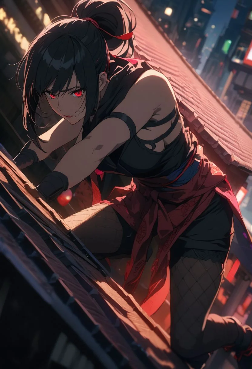gorgeous lips, cinematic, (masterpiece), (best quality), (ultra-detailed), very aesthetic, illustration, perfect composition, intricate details, absurdres, detailed face, (anime, masterpiece, intricate:1.3), (best quality, hires textures, high detail:1.2), (4k),(incredibly detailed:1.4)
vibrant colors, 1 girl, masterpiece, best quality, cinematic lighting, 1 shinobi girl, (shinobi), edo city at night, (on top of a roof), (hiding), ninja, low light, dark theme, edo, (oni mask), shinobi outfit, black hair, ponytail, red eyes, dark clothes, shadows, , more prism, vibrant color, dynamic pose, perfect body, fishnet top, nsfw