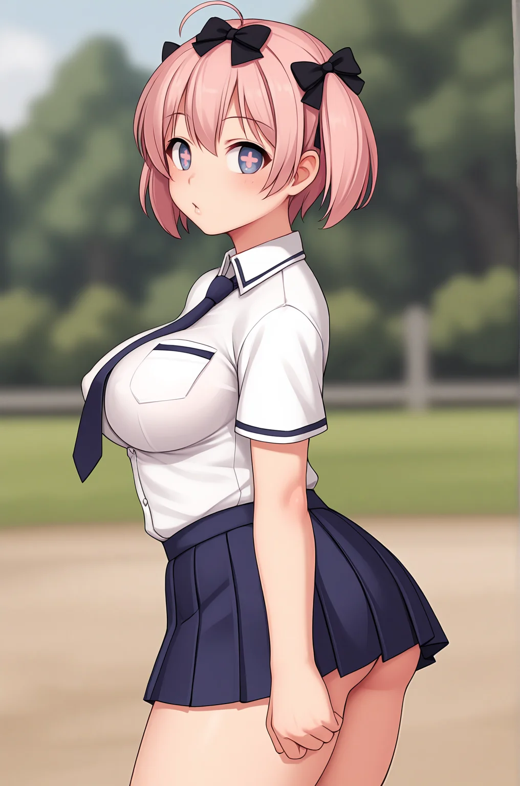 anime artwork, score_9, score_8_up, score_7_up, source_anime, BREAK, thick outline, fat outline,
Hibari_XL, purple eyes, cross-shaped pupils, pink short hair, short twintails, black hair bows, large breasts, BREAK, Hibari_School, school uniform, blue necktie, white buttoned shirt, pleated skirt, BREAK, outdoors, sideview,
<lora:Hibari_XL_r1:0.7>
<lora:PersonalAmi_PonyXL:1.0>