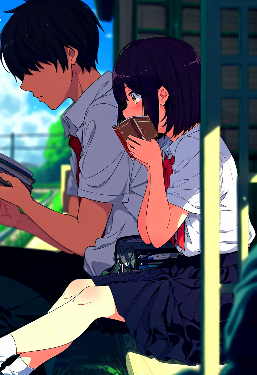 1girl, blush, short hair, skirt, black hair, 1boy, ribbon, sitting, school uniform, short sleeves, outdoors, sky, shoes, socks, day, bag, blurry, from side, red ribbon, book, depth of field, reading, <lora:v8:0.8>, (very awa:2)