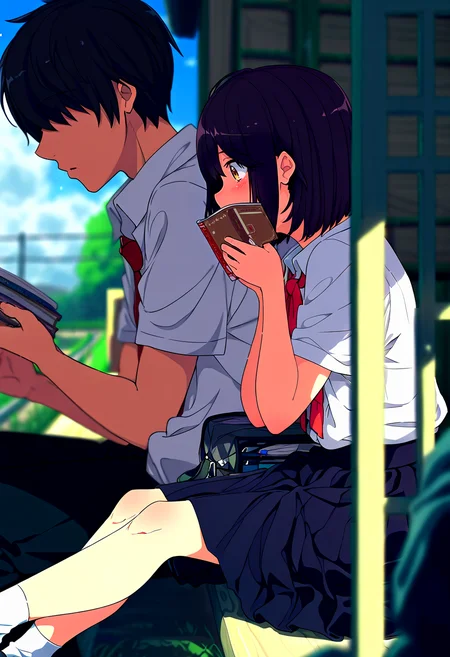 1girl, blush, short hair, skirt, black hair, 1boy, ribbon, sitting, school uniform, short sleeves, outdoors, sky, shoes, socks, day, bag, blurry, from side, red ribbon, book, depth of field, reading, <lora:v8:0.8>, (very awa:2)