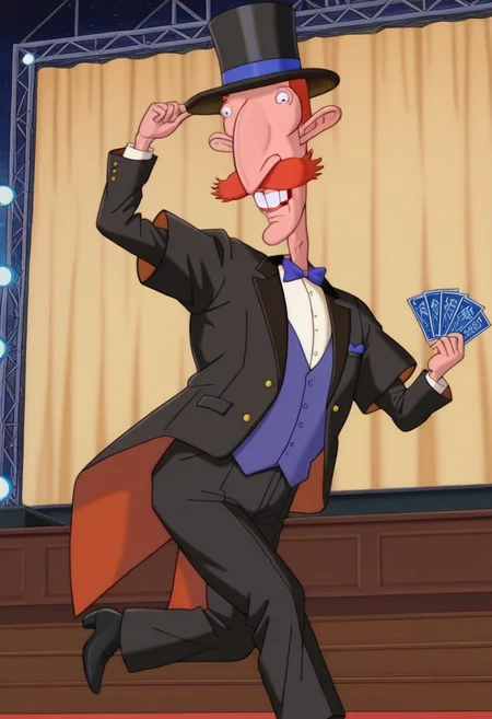 masterpiece, high quality, n1g3l, 1boy, solo, orange hair, mustache, teeth, dynamic pose, magician, magic show, taxedo, holding headwear, top hat, magic, stage,
