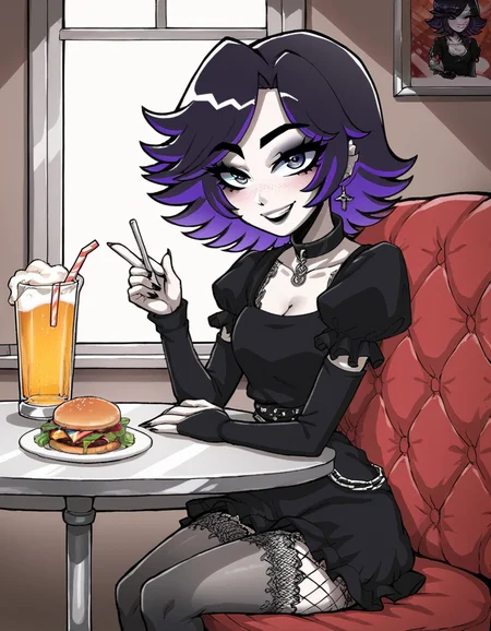 score_7_up, score_8_up, score_9, 1girl, solo, afs_ksusha, ksusha_def_afs_outfit, black clothes, looking at viewer, smiling, happy, sitting, behind a table, inside diner, table full of food, hamburgers, french fries, glass of beer, soft lighting, Perfect Hands