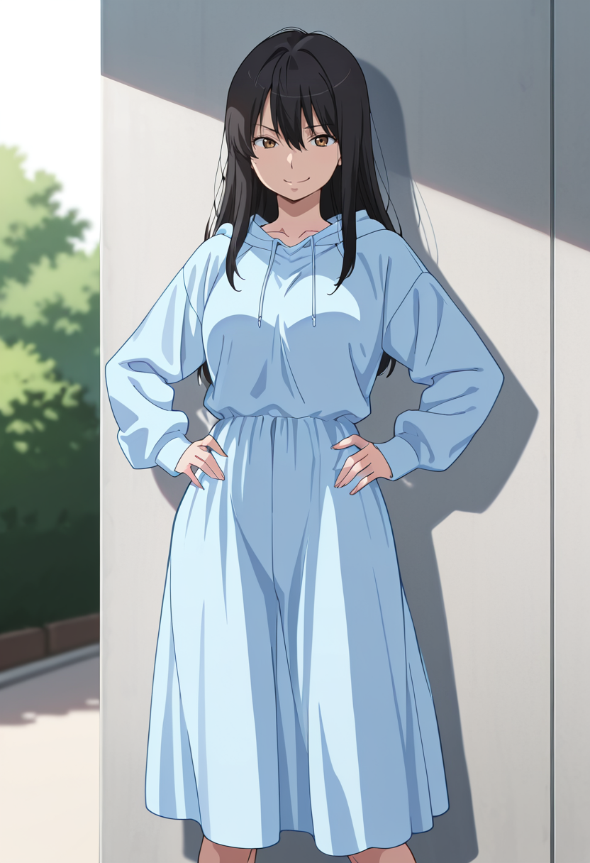 masterpiece, best quality, amazing quality, very aesthetic, absurdres, newest, illustration, perfect composition, intricate details, highres, anime coloring, 1girl, solo, yukiww, mature female, brown eyes, black hair, long hair, bangs, hair between eyes, hoodie, hood, hood down, light blue long dress, <lora:Kaizuka_Yuki_Aldnoah_Zero_ill_v1.1:1>, standing, hands on hips, legs apart, smirk, sharp eyes, outdoors, shiny body, shiny skin, skindentation, clear skin, shiny hair, ultra detailed eyes, depth of field, sharp, intricate details, hyperdetailed, ultra-detailed, detailed clothing folds, high contrast, dynamic light