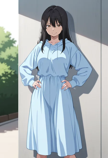 masterpiece, best quality, amazing quality, very aesthetic, absurdres, newest, illustration, perfect composition, intricate details, highres, anime coloring, 1girl, solo, yukiww, mature female, brown eyes, black hair, long hair, bangs, hair between eyes, hoodie, hood, hood down, light blue long dress, <lora:Kaizuka_Yuki_Aldnoah_Zero_ill_v1.1:1>, standing, hands on hips, legs apart, smirk, sharp eyes, outdoors, shiny body, shiny skin, skindentation, clear skin, shiny hair, ultra detailed eyes, depth of field, sharp, intricate details, hyperdetailed, ultra-detailed, detailed clothing folds, high contrast, dynamic light