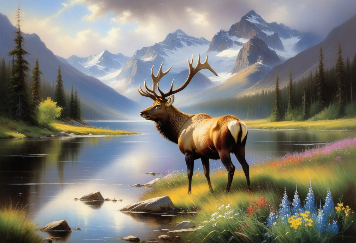 <lora:10NaturalismPainting_Hap_XL:1.5>,  Thomas Moran style, oil painting, This artwork features a lone elk standing by a tranquil lake, set against a backdrop of towering mountains. The foreground is lush with green grass and scattered wildflowers, contrasting with the dark, dense forest on the left. The elk, with its majestic antlers, is positioned slightly off-center, adding life to the serene landscape. The mountains in the background are bathed in soft, diffused light, with their rugged peaks partially obscured by clouds. The overall scene exudes a sense of peace and harmony with nature.
