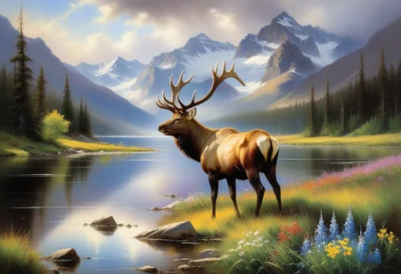 <lora:10NaturalismPainting_Hap_XL:1.5>,  Thomas Moran style, oil painting, This artwork features a lone elk standing by a tranquil lake, set against a backdrop of towering mountains. The foreground is lush with green grass and scattered wildflowers, contrasting with the dark, dense forest on the left. The elk, with its majestic antlers, is positioned slightly off-center, adding life to the serene landscape. The mountains in the background are bathed in soft, diffused light, with their rugged peaks partially obscured by clouds. The overall scene exudes a sense of peace and harmony with nature.