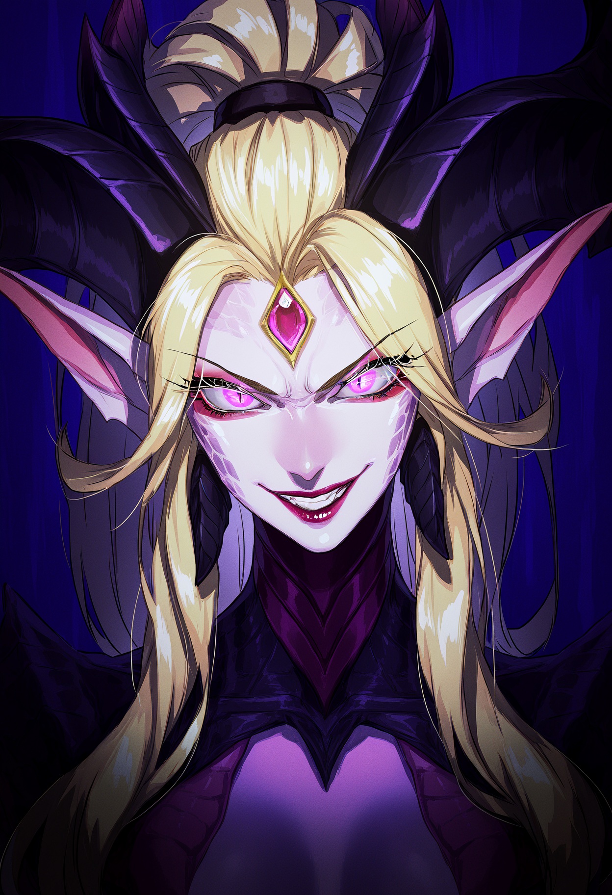 high quality, newest, highres, 
momofuki rio,(rolua:1.2),dsz, league of legends, solo, colored skin, looking at viewer, purple eyes, grin, evil grin, long hair,   blonde hair,  ponytail,   horns, pointy ears, monster girl, dragon girl,  forehead jewel, portrait, close-up,