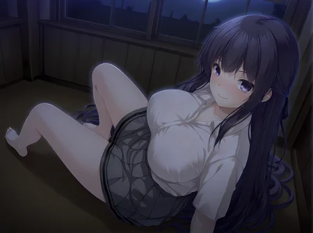 kagami,escude,breasts,long hair,full body,large breasts,black hair,purple eyes,very long hair,standing,indoors,blush,smile,<lora:Kagami_Shura_-_Illustrious:1>,barefoot,school outfit,looking at viewer,window,moonlight,night,on back,sitting,, masterpiece,best quality,amazing quality,