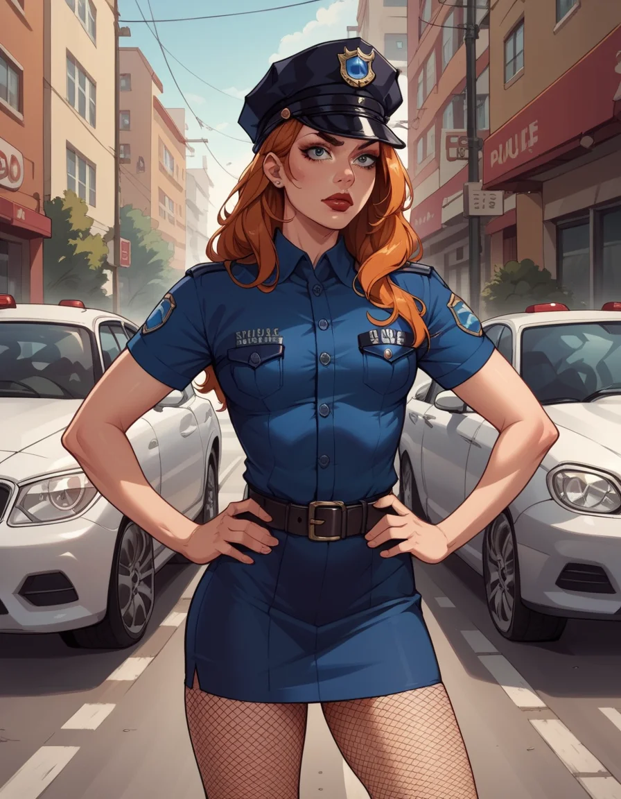 score_9, score_8_up, score_7_up, score_6_up, score_5_up, score_4_up, source_anime, best quality, solo, 1girl, makeup, lipstick, ginger hair, hud_plce_wmn, short blue dress, short sleeves, belt, police hat, fishnets, badge, buttons, <lora:policewoman-000007:0.6>, street, car, outdoors, hands on hips