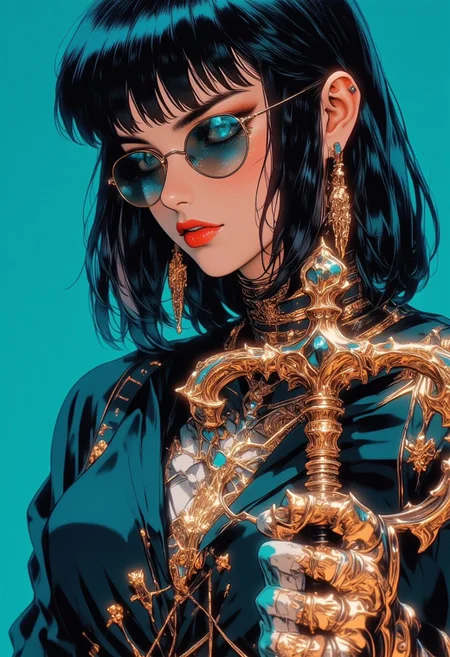 The woman has shoulder-length dark crimson hair with straight bangs. Her hair is sleek, and she has a subtle light highlight at the back.
She wears round, reflective sunglasses that have a slightly tinted teal hue, which match the background color.
The woman is dressed in a silver, possibly gold outfit, which gives
She is accessorized with a large, intricate earring featuring ornamental details and chains.
She also wears a black choker with metallic elements, enhancing the overall rebellious
She holds a detailed, ornate Halbert in her right hand, which appears to have a gold or brass guard with intricate carvings. Chains dangle from the sword, adding a touch of elegance and uniqueness
The background is a bold, solid teal color, creating a striking contrast with her dark outfit and emphasizing the character