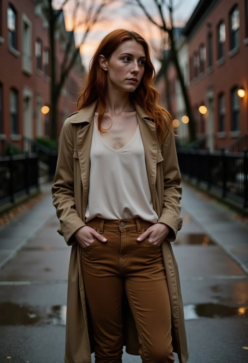 A stunning portrait in the style of Peter Lindbergh, capturing a busty young woman in her early 20s from Seattle, framed by the fading light of dusk. She has striking blue eyes and soft freckles, her wavy red hair slightly damp from the misty air. Her skin is sun-kissed, with a few freckles dusting her nose. She wears a loose, off-white linen blouse tucked into form-fitting corduroy pants, the fabric slightly worn at the edges. A long, camel-colored trench coat drapes over her shoulders, and scuffed brown leather boots complete her look. The setting is a quiet, tree-lined street with brick townhouses, their windows glowing warmly in the evening. Raindrops from an earlier drizzle still cling to the pavement, reflecting the deep oranges and purples of the sky. She stands in the middle of the street, backlit by the city’s glow, her hands tucked into her coat pockets, her head tilted slightly as she gazes toward the horizon with a thoughtful, almost wistful expression. The cinematic lighting enhances the depth of the moment, blending nostalgia with quiet elegance, capturing her in a fleeting, introspective pause.