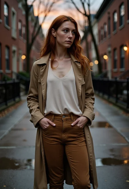 A stunning portrait in the style of Peter Lindbergh, capturing a busty young woman in her early 20s from Seattle, framed by the fading light of dusk. She has striking blue eyes and soft freckles, her wavy red hair slightly damp from the misty air. Her skin is sun-kissed, with a few freckles dusting her nose. She wears a loose, off-white linen blouse tucked into form-fitting corduroy pants, the fabric slightly worn at the edges. A long, camel-colored trench coat drapes over her shoulders, and scuffed brown leather boots complete her look. The setting is a quiet, tree-lined street with brick townhouses, their windows glowing warmly in the evening. Raindrops from an earlier drizzle still cling to the pavement, reflecting the deep oranges and purples of the sky. She stands in the middle of the street, backlit by the city’s glow, her hands tucked into her coat pockets, her head tilted slightly as she gazes toward the horizon with a thoughtful, almost wistful expression. The cinematic lighting enhances the depth of the moment, blending nostalgia with quiet elegance, capturing her in a fleeting, introspective pause.