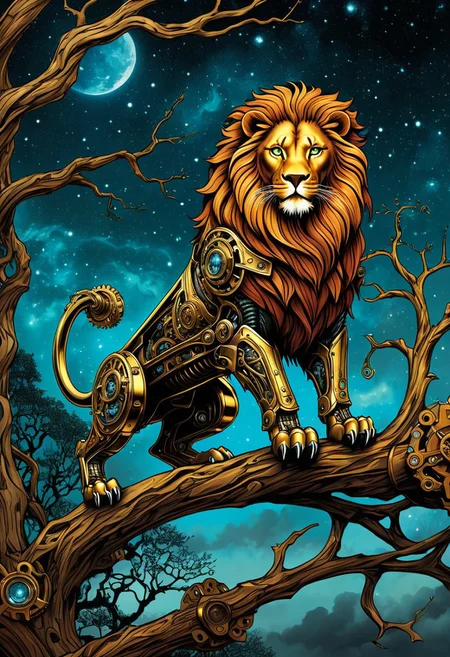 masterpiece, best quality,
score_9, score_8_up, score_7_up,
BREAK
(Masterpiece Digital Artwork:1.3) of (Graphic novel:1.3),(Proud:1.3) Steampunk style A stunningly intricate mechanical steampunk lion perches gracefully on a gnarled tree branch, its piercing gaze fixed directly upon the viewer. The creature's eyes are exquisitely detailed, reflecting the ethereal glow of a dark nebula that shimmers in the background. Soft bokeh adds an air of mystery to this captivating scene. . Antique, mechanical, brass and copper tones, gears, intricate, detailed,(by Artist Ethan Van Sciver:1.3),CGSociety,ArtStation,(Conceptual Art:1.3),(CMYK Colors:1.3)