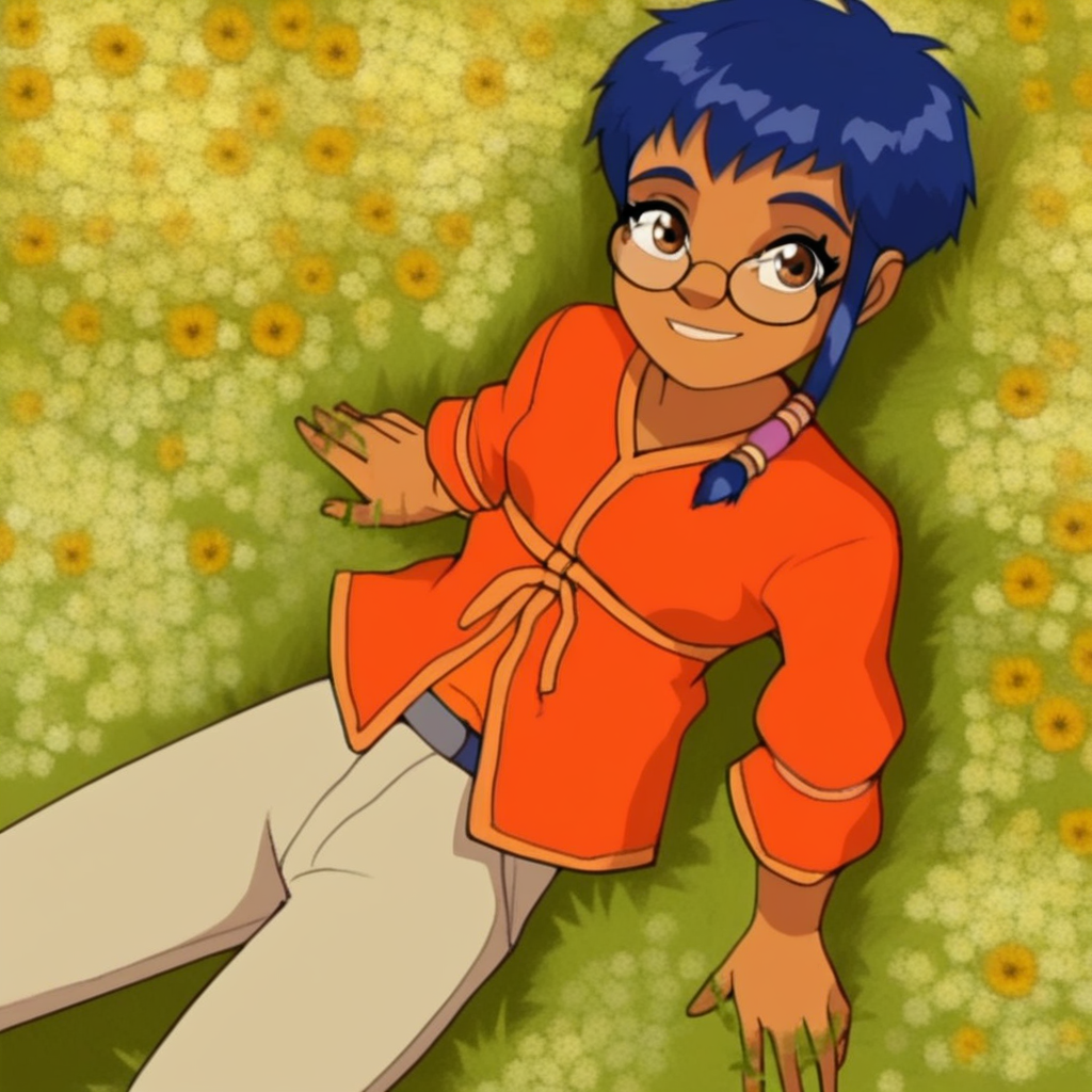 score_9, solo, taranee_c, 1girl, blue hair, short hair, sidelocks, dark skin, glasses, brown eyes, orange shirt, pants, on back, from above, grass, flowers, smile, looking at viewer, cute