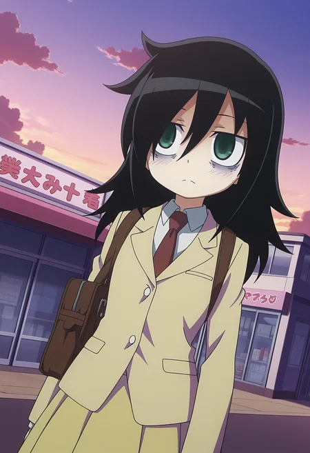 detailed background, official style,anime coloring, (anime screencap) masterpiece, detailed face,1girl  <lora:Tomoko_Kuroki:0.8>Tomoko, solo, black hair, green eyes, school uniform, necktie, bags under eyes, long hair, bag, skirt, blazer, jacket, cloud, sky, shop, dutch angle