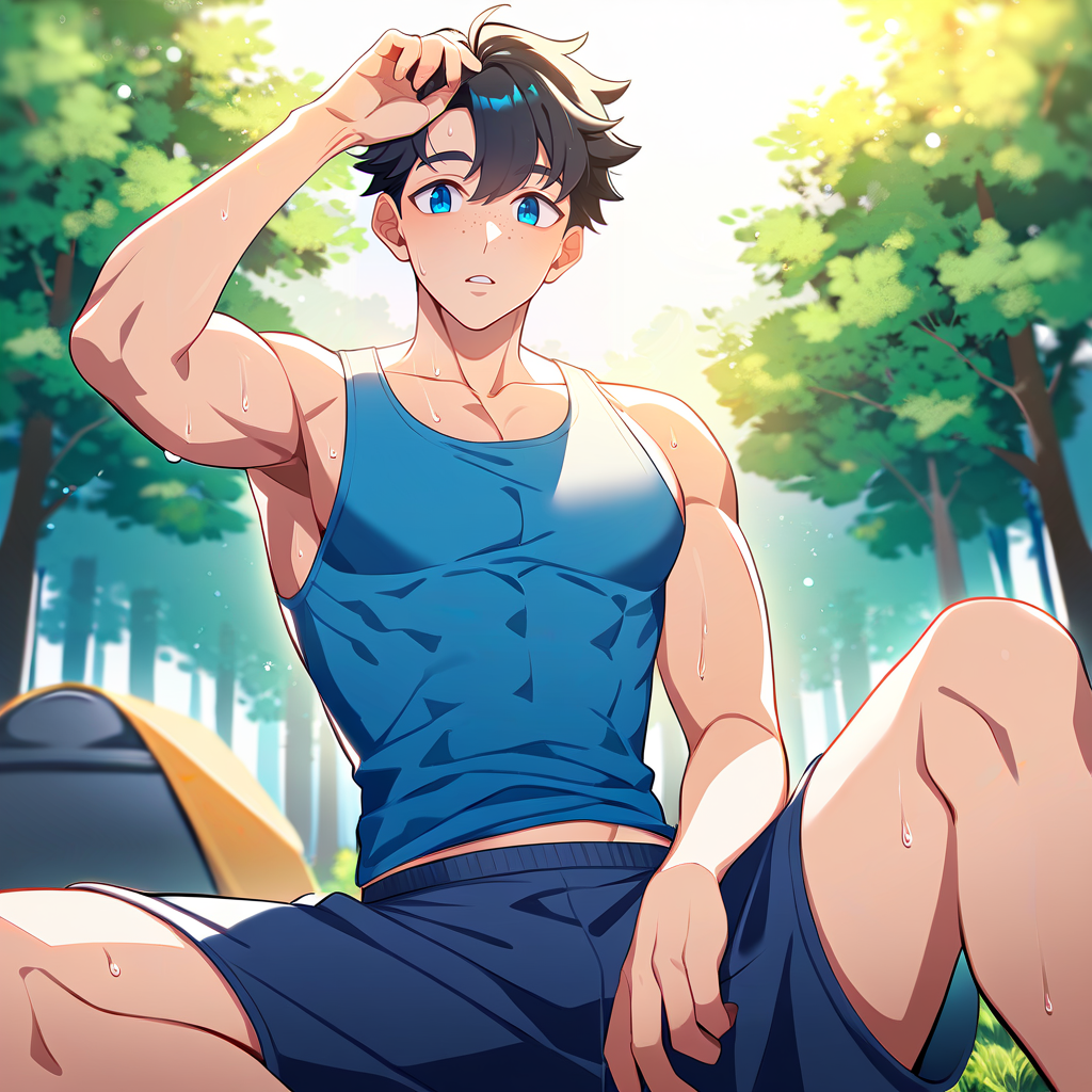 1boy, male focus, outdoors, shorts, black hair, short hair, looking at viewer, blue eyes, tight clothing, day, tank top, tree, nature, parted lips, blue shorts, forest, camping, pectorals, muscular male, freckles, sweat, sunlight, best quality, amazing quality, best aesthetic, absurdres