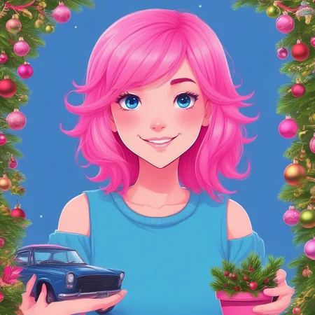 blue background, potted plant, christmas, motor vehicle, pink hair