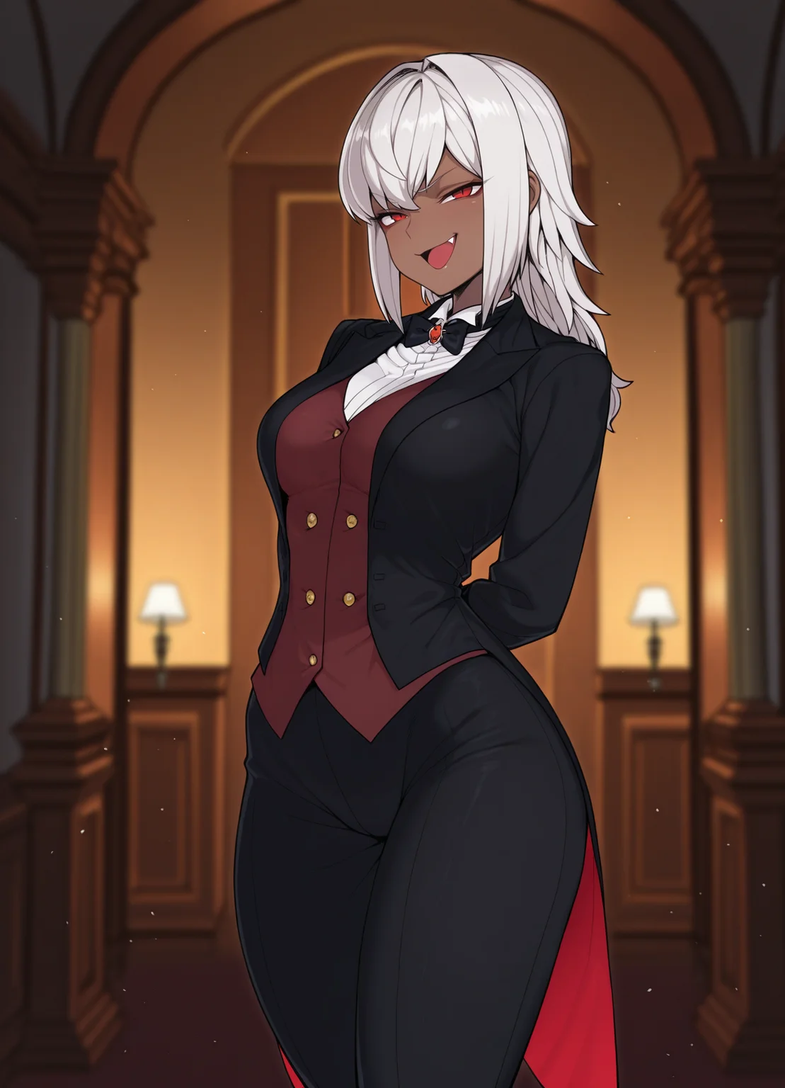masterpiece, best quality, amazing quality, very aesthetic, absurdres, newest, scenery,extreme detail, 8k, light particles, soft lighting, volumetric lighting, intricate details, finely detailed, detailed eyes, 1girl, solo, vampire, white hair, dark-skin, dark skinned female, (tailcoat,tuxedo,frock coat:1.2), thighhighs, looking at viewer, standing, red eyes, mansion,bedroom, trousers,shirt,vest, smug, smirk, shiny skin, (medium breasts:1.3), thick, fang, half-open mouth,
<lora:Illustrious_Spacezin Style:1>