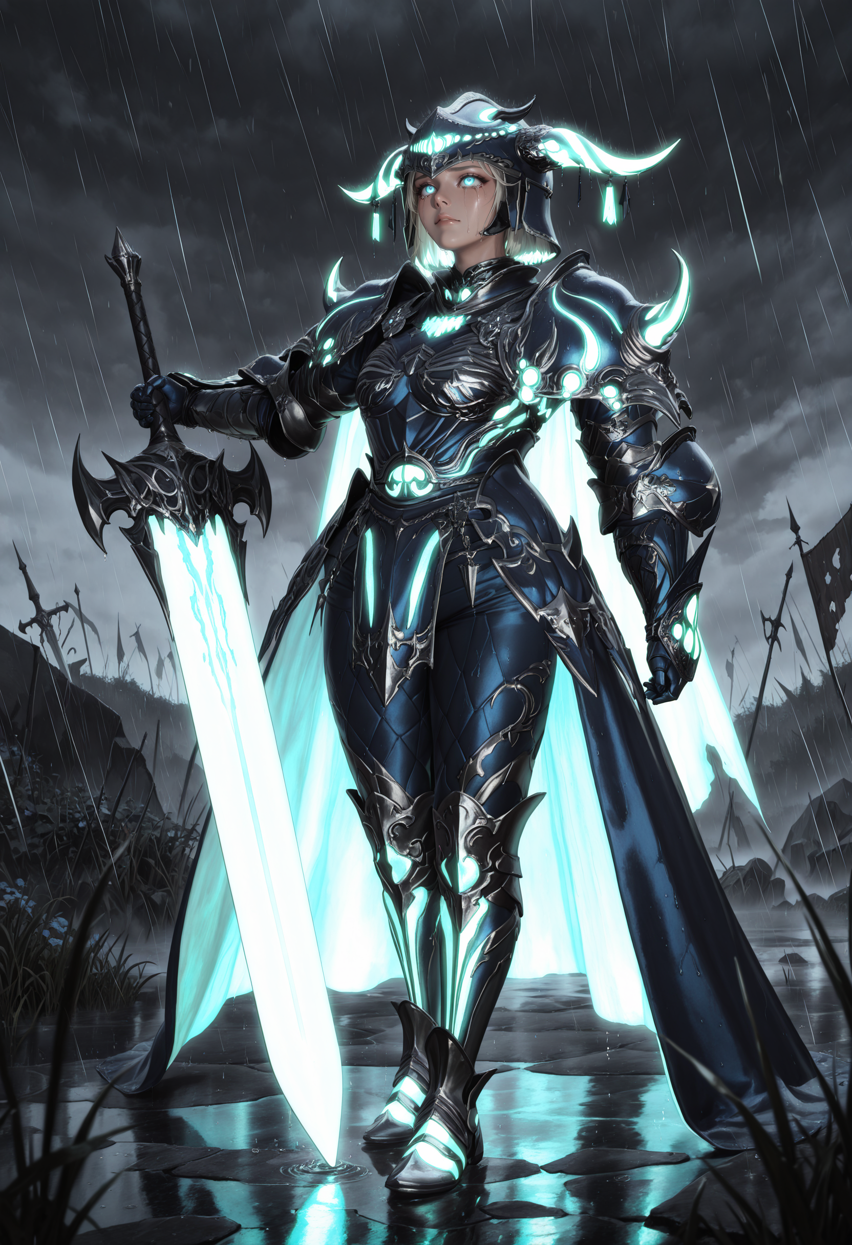masterpiece, best quality, absurdres, highres, newest, <lora:cfg_scale_boost:.7>, full body, dynamic pose, holding, holding weapon, greatsword, wet,
1girl, blue eyes, looking up, tears, crying,
 <lora:ElementalArmor_IL:1>
elearmor, 
red trim,glowing armor,
 horned helmet,
blue breastplate, blue pauldrons, 
blue gauntlets,
blue pants, blue  waist cape,
 armored boots,  
looking at viewer, 
battlefield, rain, fantasy, medieval, 
complex composition, detailed eyes, detailed body, ultra detailed, masterpiece, best quality, amazing quality, very aesthetic, realistic, photorealistic,