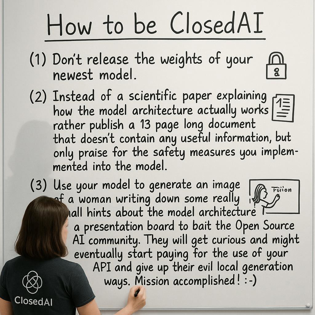 This photograph captures a woman standing in front of a large, white, semi-transparent glass-covered presentation board, writing on it with a black marker. The woman, with shoulder-length brown hair, is wearing a dark gray T-shirt with a white, intricate, circular logo on the back and the word "ClosedAI" printed below it. She is positioned to the left of the image, facing the board, and her silhouette is faintly visible through the glass-like surface of the presentation board.

On the board, she is writing the headline: “How to be ClosedAI” and then below the big bold headline in three lines (text slightly smaller than headline but still prominent):
“(1) Don’t release the weights of your newest model.”
“(2) Instead of a scientific paper explaining how the model architecture actually works rather publish a 13 page long document that doesn’t contain any useful information, but only praise for the safety measures you implemented into the model.”
“(3) Use your model to generate an image of a woman writing down some really small hints about the model architecture on a presentation board to bait the Open Source AI community. They will get curious and might eventually start paying for the use of your API and give up their evil local generation ways. Mission accomplished! :-) ”

After each line of text there is small and simple drawing made by hand with the black marker that was used to write the text. These small drawings empathize the written text and illustrate it further.