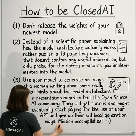 This photograph captures a woman standing in front of a large, white, semi-transparent glass-covered presentation board, writing on it with a black marker. The woman, with shoulder-length brown hair, is wearing a dark gray T-shirt with a white, intricate, circular logo on the back and the word "ClosedAI" printed below it. She is positioned to the left of the image, facing the board, and her silhouette is faintly visible through the glass-like surface of the presentation board.
On the board, she is writing the headline: “How to be ClosedAI” and then below the big bold headline in three lines (text slightly smaller than headline but still prominent):
“(1) Don’t release the weights of your newest model.”
“(2) Instead of a scientific paper explaining how the model architecture actually works rather publish a 13 page long document that doesn’t contain any useful information, but only praise for the safety measures you implemented into the model.”
“(3) Use your model to generate an image of a woman writing down some really small hints about the model architecture on a presentation board to bait the Open Source AI community. They will get curious and might eventually start paying for the use of your API and give up their evil local generation ways. Mission accomplished! :-) ”
After each line of text there is small and simple drawing made by hand with the black marker that was used to write the text. These small drawings empathize the written text and illustrate it further.