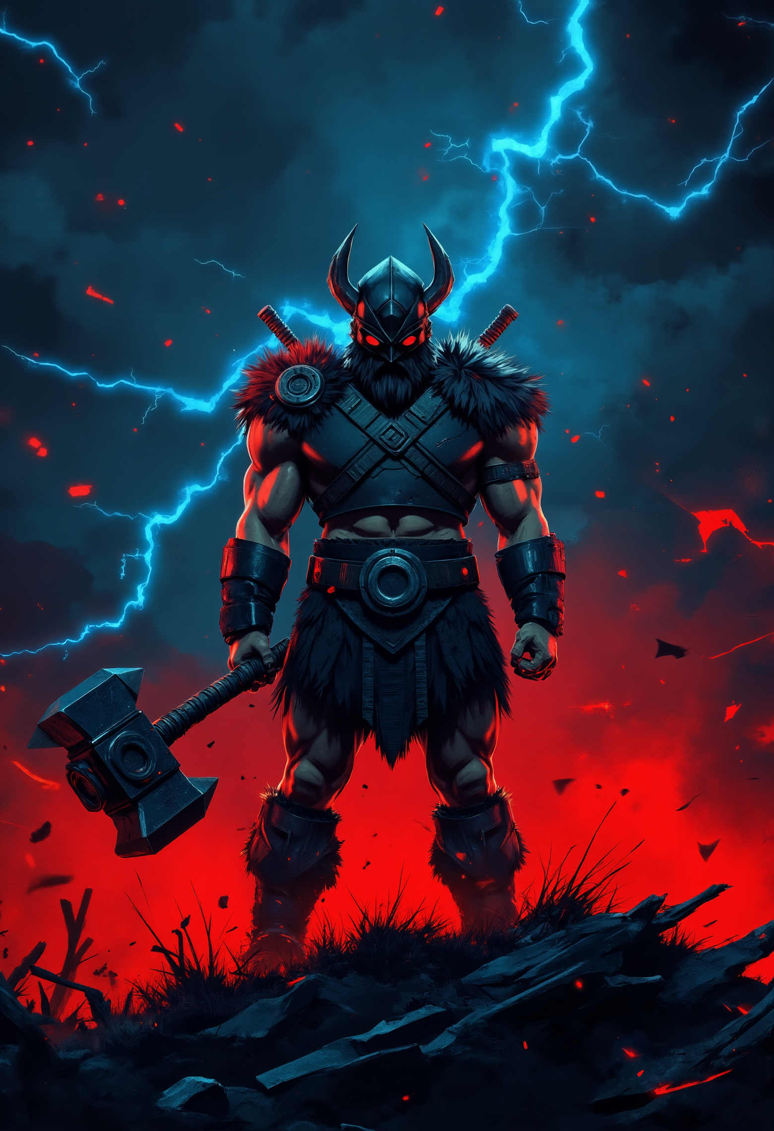 pst009,a viking warrior standing on a hill with a heavy warhammer in his hand, thunder and flash in the sky