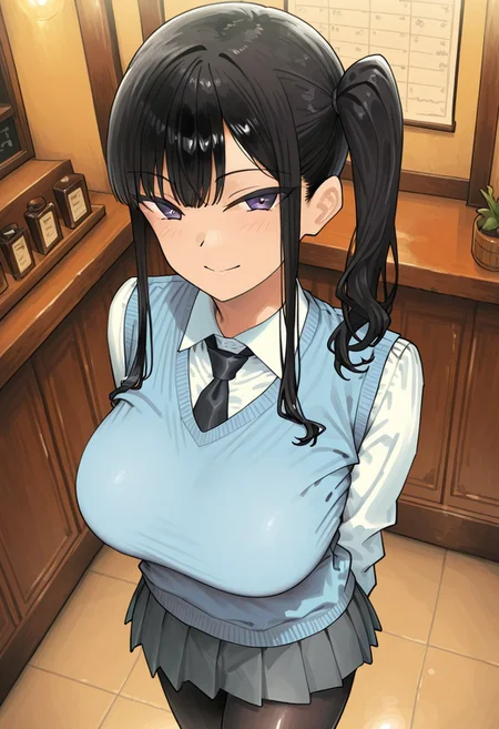 score_9, score_8_up, score_7_up, score_6_up, source_anime, BREAK, 1girl, solo, (( <lora:kaedeko_style:1> , kaedeko_style , sasaki_miyuki, piercing purple eyes, clear eyes, bright pupils, beautiful eyes, beautiful black hair, sidelocks, bangs, left side ponytail, thin waist, wide hips, beautiful skin, huge and shaggy breasts, natural beauty, extraordinary beautiful woman, attractive woman, super sexy woman, lustful body, sexy woman with seductive obscene body, sensual body, voluptuous body, sexy beauty, )) , ((formal, open long-sleeves suit jacket, blue sleeveless sweater vest, white shirt with black tie, grey pleated skirt, sheer black pantyhose, )) , indoors, shiny clothes, shiny skin, night club, erotic bar, classy decorations, cowboy shot, from above, looking at viewer, hands behind back, (detailed face, detailed eyes), delicate features, soft lighting, seducative smile, cute and sexy, very detailed, high detailed texture, uncensored, rare view, light makeup,