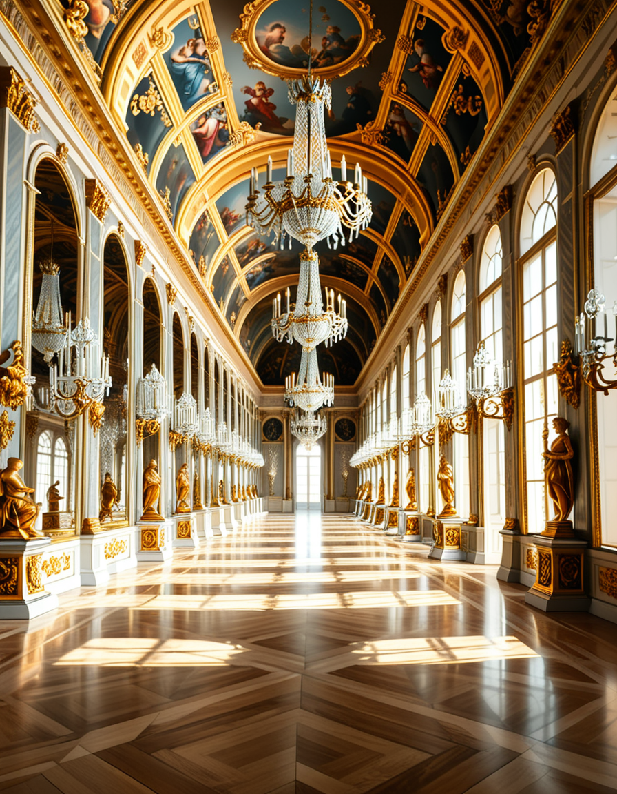 A breathtaking, photorealistic depiction of the Hall of Mirrors (Galerie des Glaces) at the Palace of Versailles in France, captured in golden afternoon light. The hall is grand and opulent, with a high arched ceiling painted with intricate Baroque frescoes. The walls are lined with tall arched mirrors on one side and large arched windows on the opposite side, flooding the space with natural light. Elegant crystal chandeliers hang from the ceiling, reflecting in the mirrors and sparkling with golden highlights. The marble floors are polished and gleaming, with rich, warm tones. Gilded statues and decorative elements frame the mirrors and doorways. The image style is ultra-detailed and photorealistic, with sharp textures and soft, warm lighting creating a majestic, timeless atmosphere. No people present, only the serene magnificence of the empty hall. Camera angle at eye level, centered down the hall, capturing the full length and symmetry of the space.
<lora:SDXLFaeTastic2400:0.4> <lora:extremely_detailed:0.4> extremely detailed,<lora:Hall_of_M1rr0rs:1>,Hall of M1rr0rs, Masterpiece,best quality,hi res,8k,hi res,8k,award winning,(sharp focus, intricate, highly detailed),