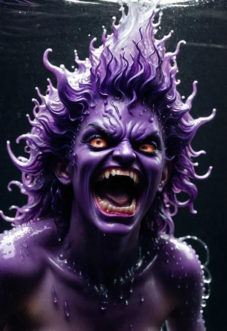 , The play of light on their hair and face, adds a touch of horror turning ordinary droplets into a symphony of aquatic terror, dancing in the realm where water meets its domonic appocalypse , awesome full color, full-body angle, purple DEVIL SPAWN