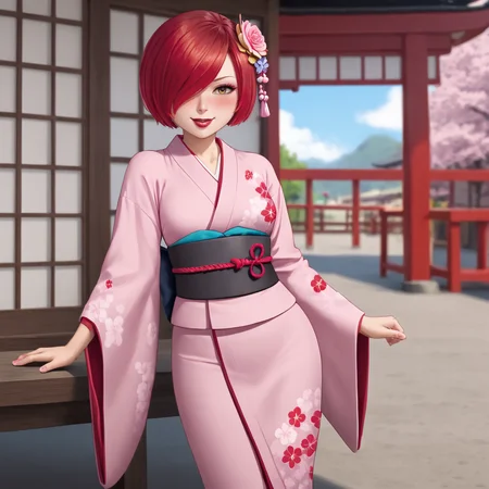 <lora:magicianladybug_pony_v1:.7> MagicianLadyBug, 1girl,  short hair,  hair over one eye, red hair, lipstick, makeup, cowboy shot,, japanese clothes, kimono, hair ornament, blush, hair flower, pink kimono, sash, obi, floral print, wide sleeves