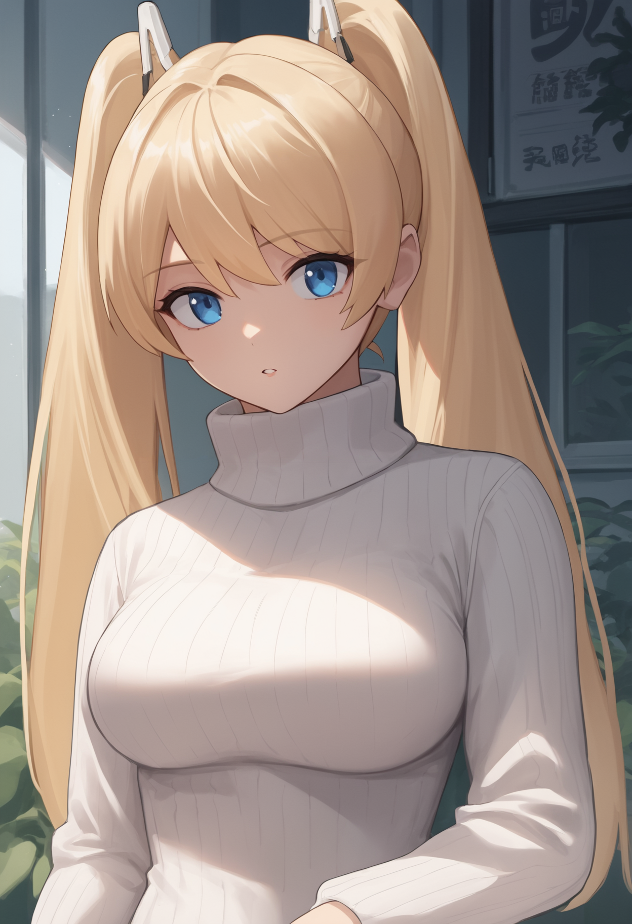 score_9, score_8_up, score_7_up, source_anime BREAK 1girl, solo, <lora:idollsun-nikke-richy-v1_pdxl:1> idllsn, blue eyes, blonde hair, twintails, white sweater, turtleneck sweater, ribbed sweater, parted lips, looking at viewer,  bangs, standing, breasts
