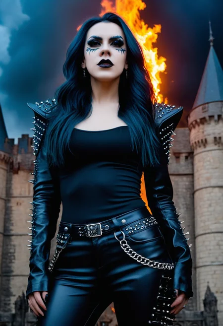 (Confident, strength, perky breasts, lips, long hair, gothic:1.2), Stunning female model. black leather pants. Spiked pauldrons. Gothic face paint. Standing in front of a gothic castle. Pyrotechnics in the background, bursts of flame . (((Screaming at the viewer))). Looking at viewer. Wet look hair. Studio quality dynamic lighting, portrait photography. 8k, RAW photo, best quality, ultra high res, intricate, photorealistic, masterpiece, ultra-detailed, crisp.