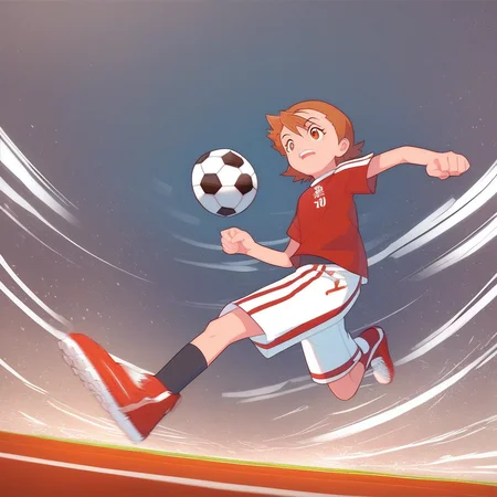 core_9, score_8_up, score_7_up, source_anime, prefect lighting, very aesthetic, intricate details, highly detailed background, high quality, prefect hands, best quality, sora takenouchi, digimon short hair, brown eyes, soccer uniform, red soccer shirt, white shorts, running, soccer field, looking down, playing,